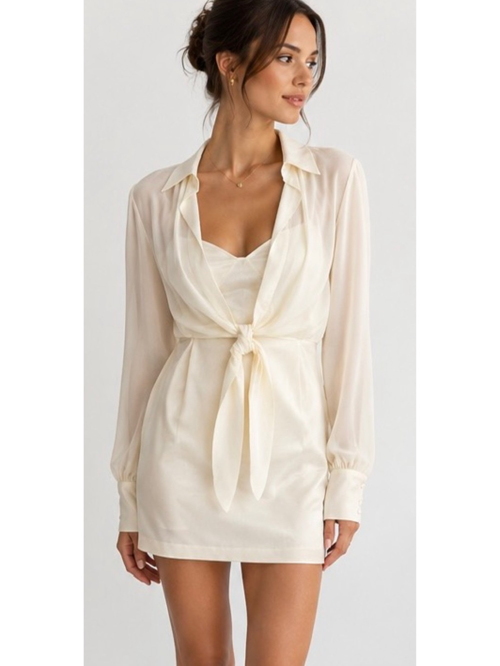 Cinq a Sept silk 2 piece mini slip and blouse  Cream Tie-Front size Large